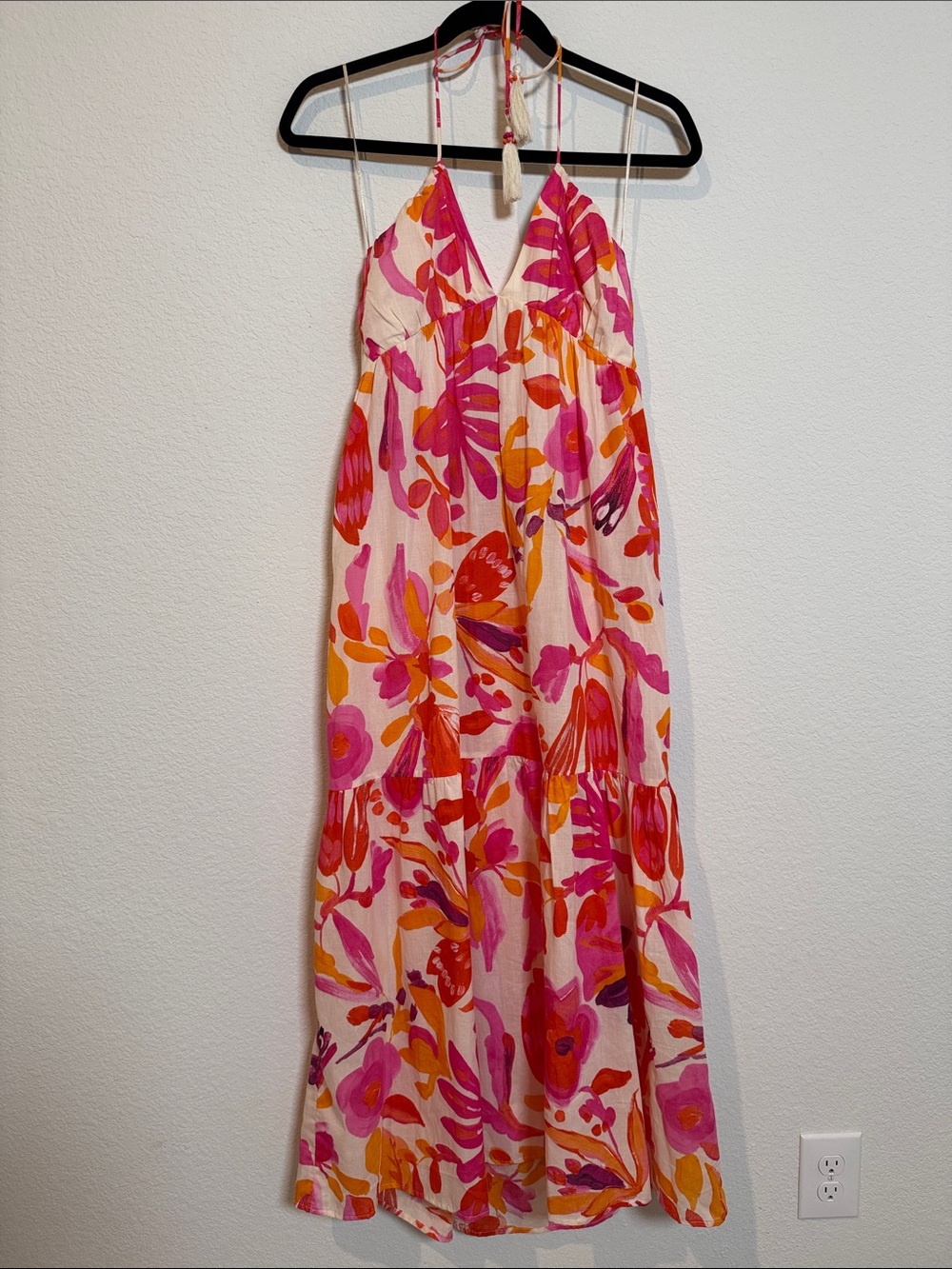 Zara Bright Floral Pink & Orange Cotton Maxi Halter Sundress